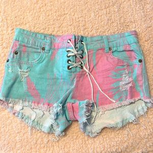 Bright pink & teal lace up shorts